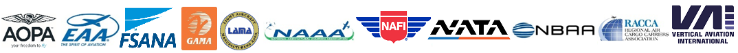These are logos of associations that endorse the General Aviation and Part 135 Activity Survey are as following from left to right: 
		Aircraft Owners and Pilots Association (AOPA), Experimental Aircraft Association (EAA), Flight School Association of North America (FSANA), General Aviation Manufacturers Association (GAMA), Helicopter Association International (HAI), Light Aircraft Manufacturers Auto (LAMA), 
		National Agricultural Aviation Association (NAAA), National Association of Flight Instructors (NAFI), National Air Transportation Association (NATA), National Business Aviation Association (NBAA), Regional Air Cargo Carriers Association (RACCA).