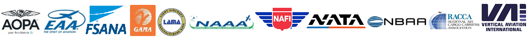 These are logos of associations that endorse the General Aviation and Part 135 Activity Survey are as following from left to right: 
		Aircraft Owners and Pilots Association (AOPA), Experimental Aircraft Association (EAA), Flight School Association of North America (FSANA), General Aviation Manufacturers Association (GAMA), Helicopter Association International (HAI), Light Aircraft Manufacturers Auto (LAMA), 
		National Agricultural Aviation Association (NAAA), National Association of Flight Instructors (NAFI), National Air Transportation Association (NATA), National Business Aviation Association (NBAA), Regional Air Cargo Carriers Association (RACCA).